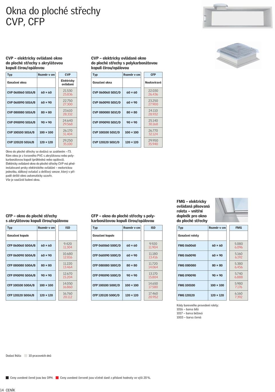 100 CVP elektricky ovládané okno do ploché střechy s polykarbonátovou kopulí čirou/opálovou Označení okna CVP 060060 S01C/D CVP 060090 S01C/D CVP 080080 S01C/D CVP 090090 S01C/D CVP 100100 S01C/D CVP