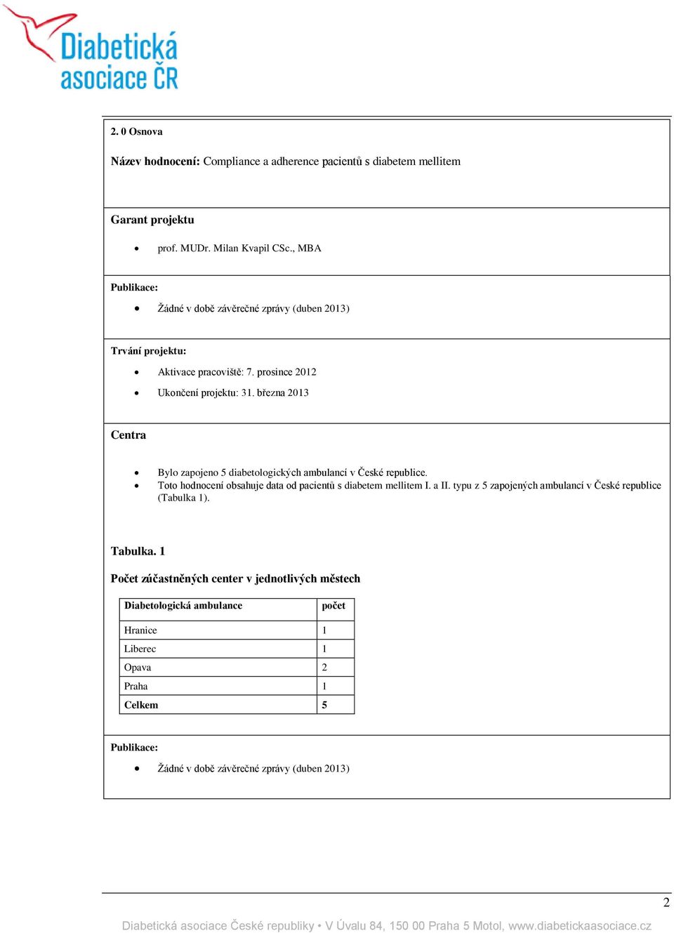 března 2013 Centra Bylo zapojeno 5 diabetologických ambulancí v České republice. Toto hodnocení obsahuje data od pacientů s diabetem mellitem I. a II.