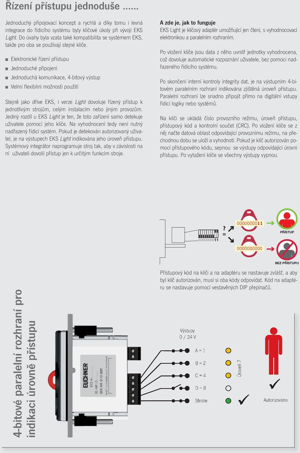 Elektronické řízení přístupu Jednoduché připojení Jednoduchá komunikace, 4-bitový výstup Velmi fl exibilní možnosti použití Stejně jako dříve EKS, i verze Light dovoluje řízený přístup k jednotlivým
