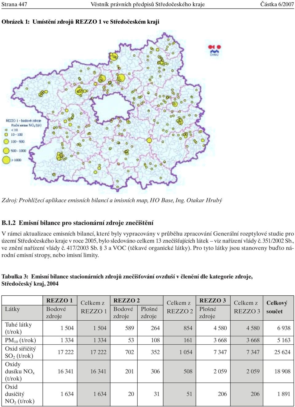 2 Emisní bilance pro stacionární zdroje zneãi tûní V rámci aktualizace emisních bilancí, které byly vypracovány v prûbûhu zpracování Generální rozptylové studie pro území Stfiedoãeského kraje v roce