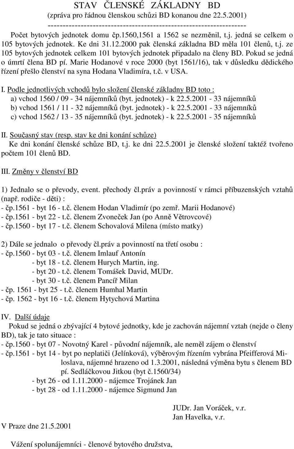 Pokud se jedná o úmrtí člena BD pí. Marie Hodanové v roce 2000 (byt 1561/16), tak v důsledku dědického řízení přešlo členství na syna Hodana Vladimíra, t.č. v USA. I.