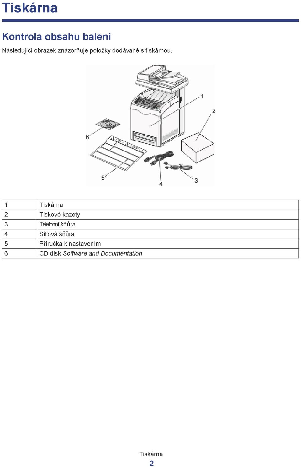 1 Tiskárna 2 Tiskové kazety 3 Telefonní šňůra 4 Síťová