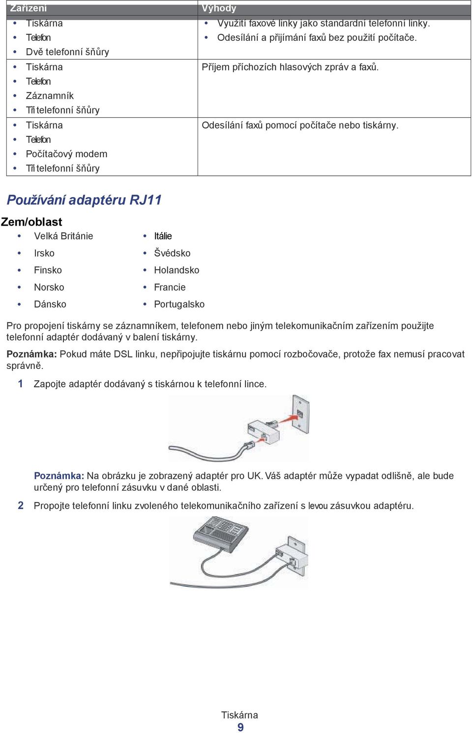 Používání adaptéru RJ11 Zem/oblast Velká Británie Itálie Irsko Švédsko Finsko Holandsko Norsko Francie Dánsko Portugalsko Pro propojení tiskárny se záznamníkem, telefonem nebo jiným telekomunikačním