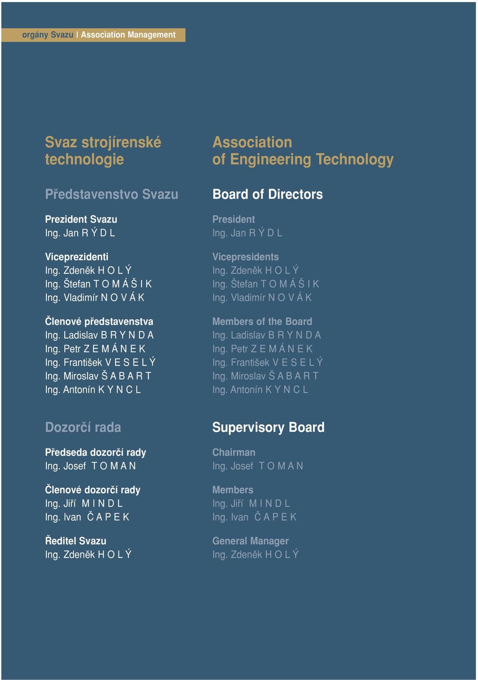 Antonín K Y N C L Association of Engineering Technology Board of Directors President Ing. Jan R D L Vicepresidents Ing. Zdenûk H O L Ing. tefan T O M Á I K Ing.