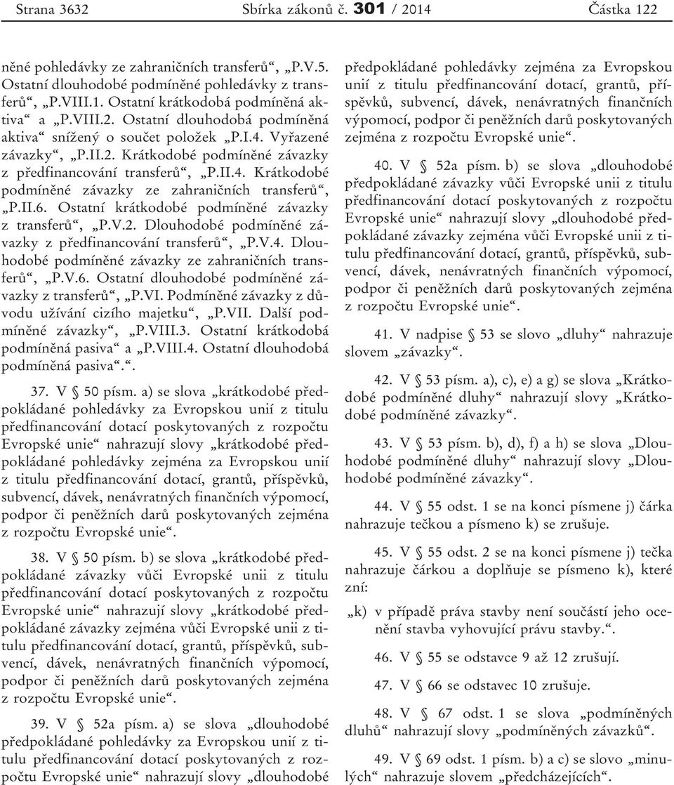 II.6. Ostatní krátkodobé podmíněné závazky z transferů, P.V.2. Dlouhodobé podmíněné závazky z předfinancování transferů, P.V.4. Dlouhodobé podmíněné závazky ze zahraničních transferů, P.V.6. Ostatní dlouhodobé podmíněné závazky z transferů, P.