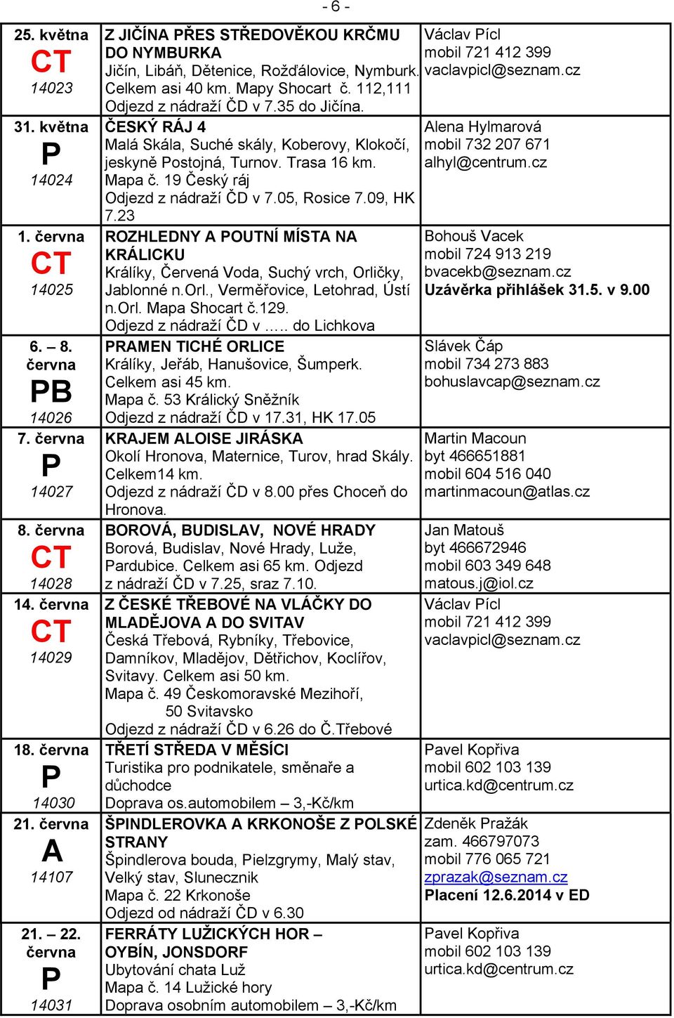 112,111 Odjezd z nádraží ČD v 7.35 do Jičína. ČESKÝ RÁJ 4 Malá Skála, Suché skály, Koberovy, Klokočí, jeskyně ostojná, Turnov. Trasa 16 km. Mapa č. 19 Český ráj Odjezd z nádraží ČD v 7.05, Rosice 7.