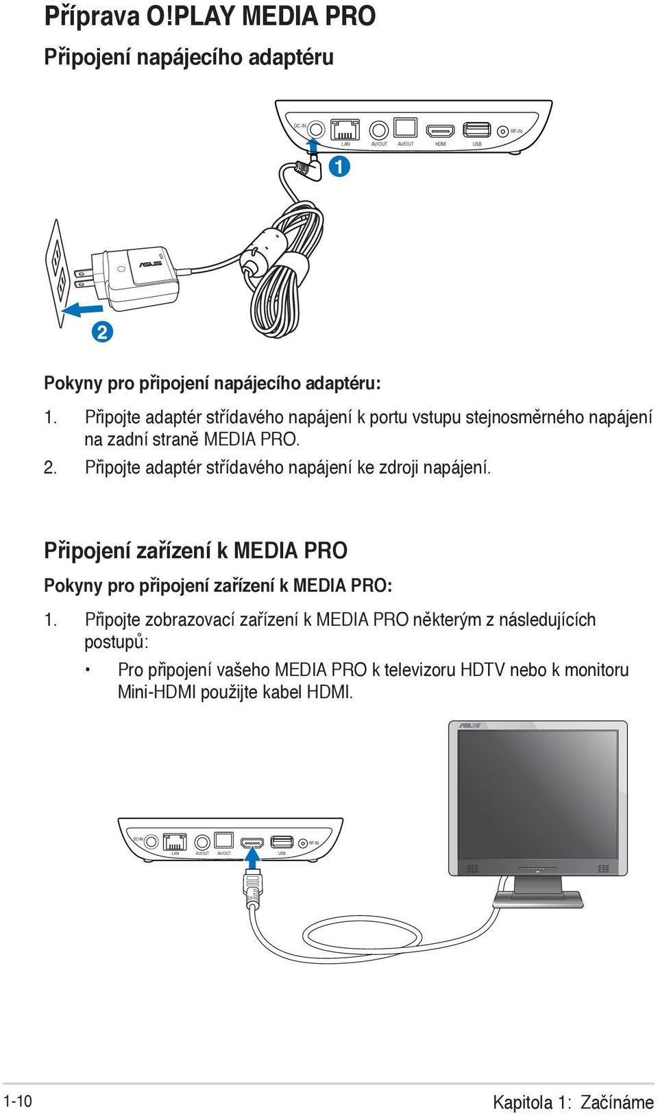 Připojte adaptér střídavého napájení ke zdroji napájení. Připojení zařízení k MEDIA PRO Pokyny pro připojení zařízení k MEDIA PRO: 1.