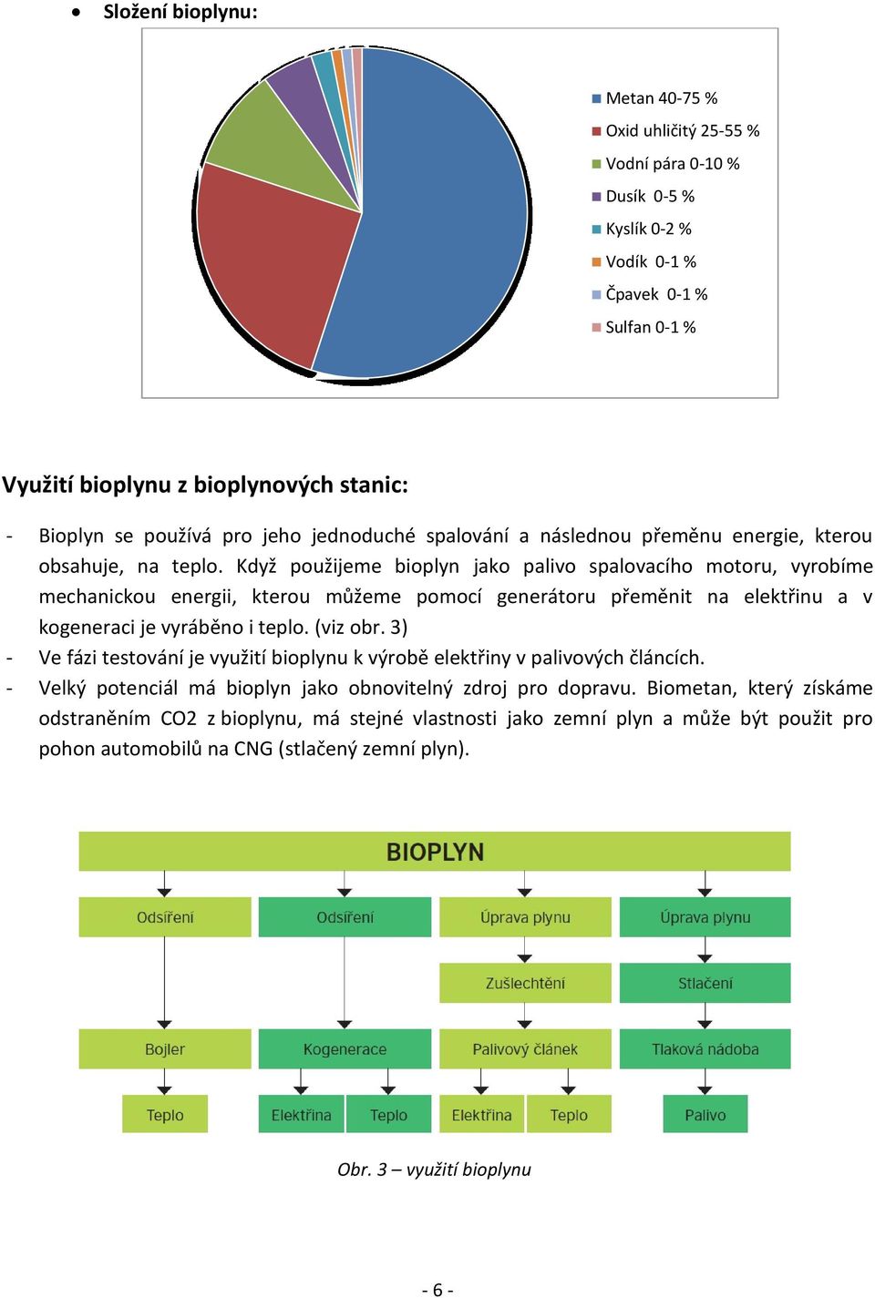 Když použijeme bioplyn jako palivo spalovacího motoru, vyrobíme mechanickou energii, kterou můžeme pomocí generátoru přeměnit na elektřinu a v kogeneraci je vyráběno i teplo. (viz obr.