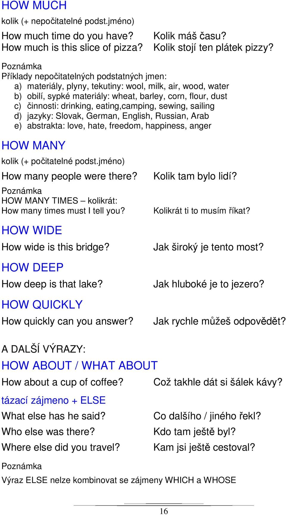 eating,camping, sewing, sailing d) jazyky: Slovak, German, English, Russian, Arab e) abstrakta: love, hate, freedom, happiness, anger HOW MANY kolik (+ počitatelné podst.