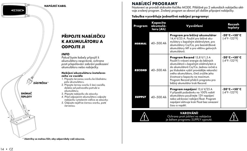 kabely připojili k akumulátoru nesprávně, ochrana proti přepólování zabrání poškození akumulátoru nebo nabíječky. Nabíjení akumulátoru instalovaného ve vozidle 1.