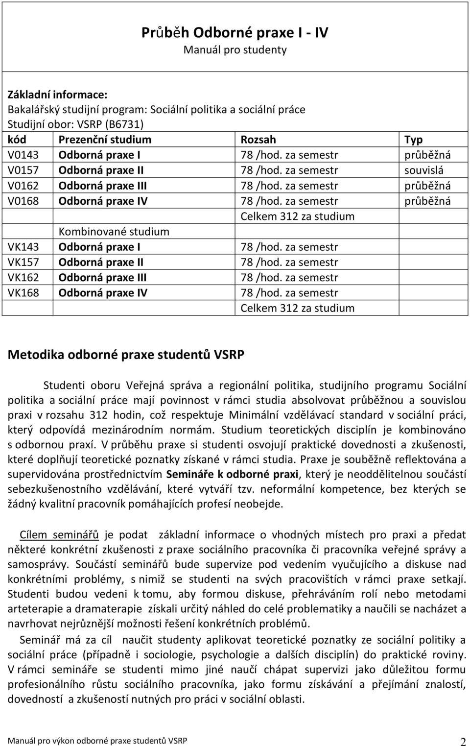 za semestr průběžná Celkem 312 za studium Kombinované studium VK143 Odborná praxe I 78 /hod. za semestr VK157 Odborná praxe II 78 /hod. za semestr VK162 Odborná praxe III 78 /hod.