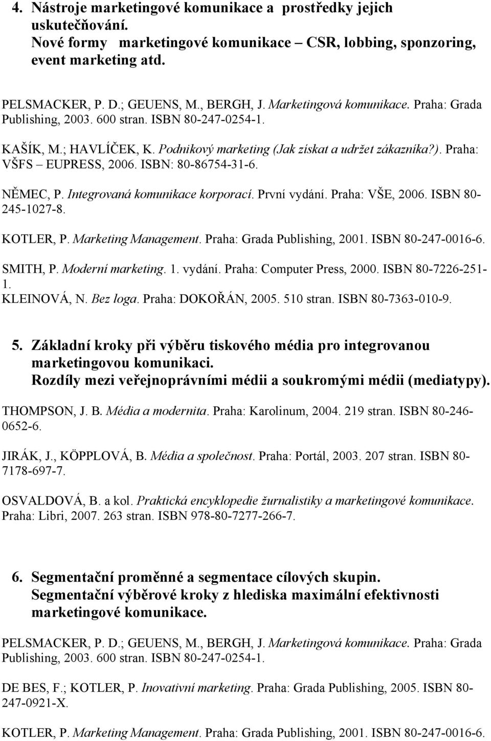 Praha: Computer Press, 2000. ISBN 80-7226-251-1. KLEINOVÁ, N. Bez loga. Praha: DOKOŘÁN, 2005. 510 stran. ISBN 80-7363-010-9. 5. Základní kroky při výběru tiskového média pro integrovanou marketingovou komunikaci.