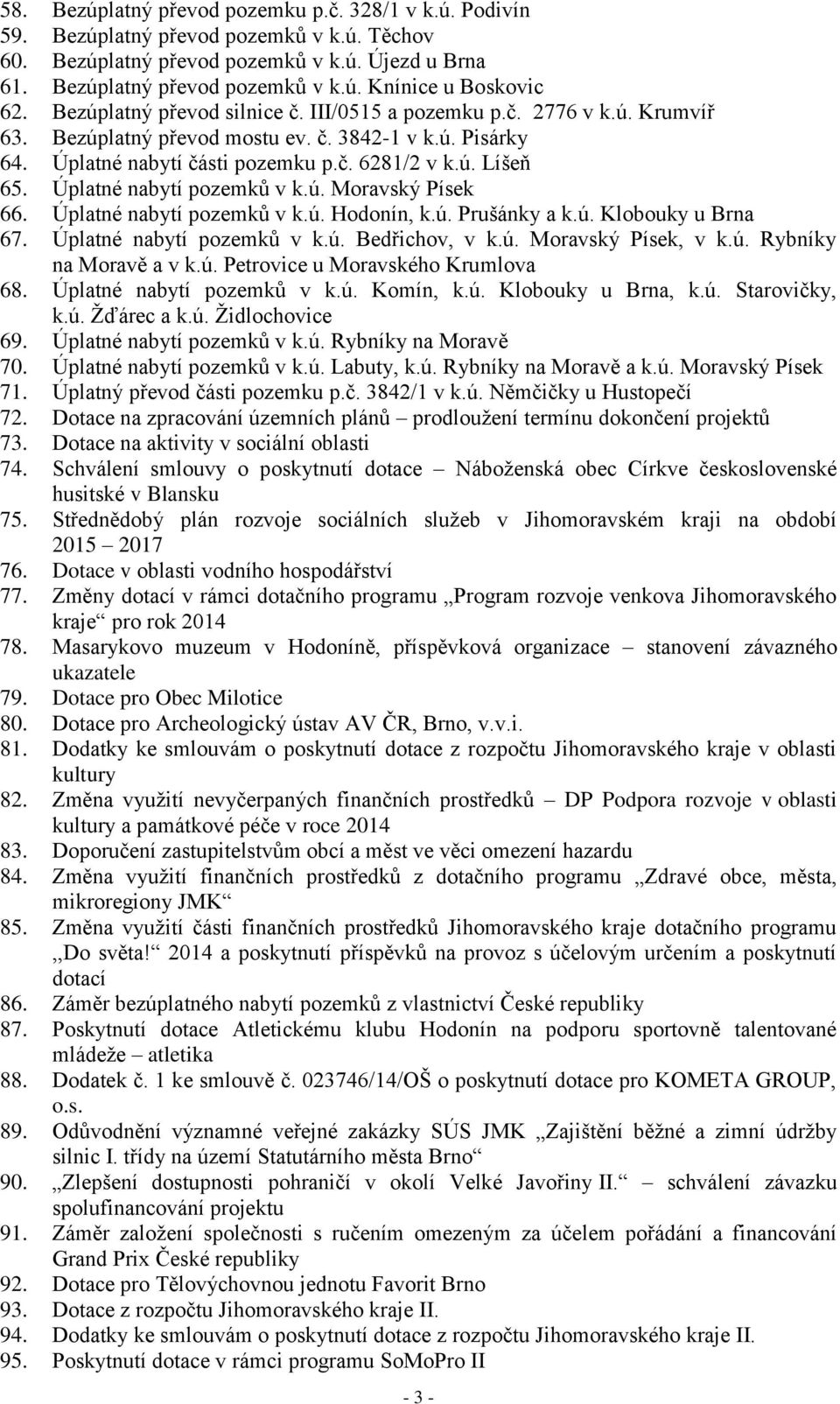 Úplatné nabytí pozemků v k.ú. Moravský Písek 66. Úplatné nabytí pozemků v k.ú. Hodonín, k.ú. Prušánky a k.ú. Klobouky u Brna 67. Úplatné nabytí pozemků v k.ú. Bedřichov, v k.ú. Moravský Písek, v k.ú. Rybníky na Moravě a v k.