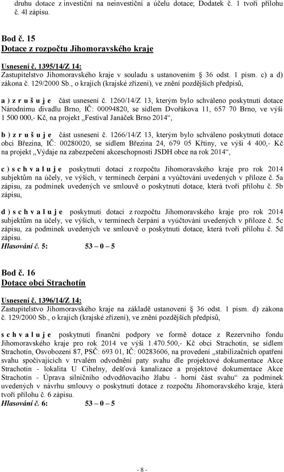 1260/14/Z 13, kterým bylo schváleno poskytnutí dotace Národnímu divadlu Brno, IČ: 00094820, se sídlem Dvořákova 11, 657 70 Brno, ve výši 1 500 000,- Kč, na projekt Festival Janáček Brno 2014, b)z r u