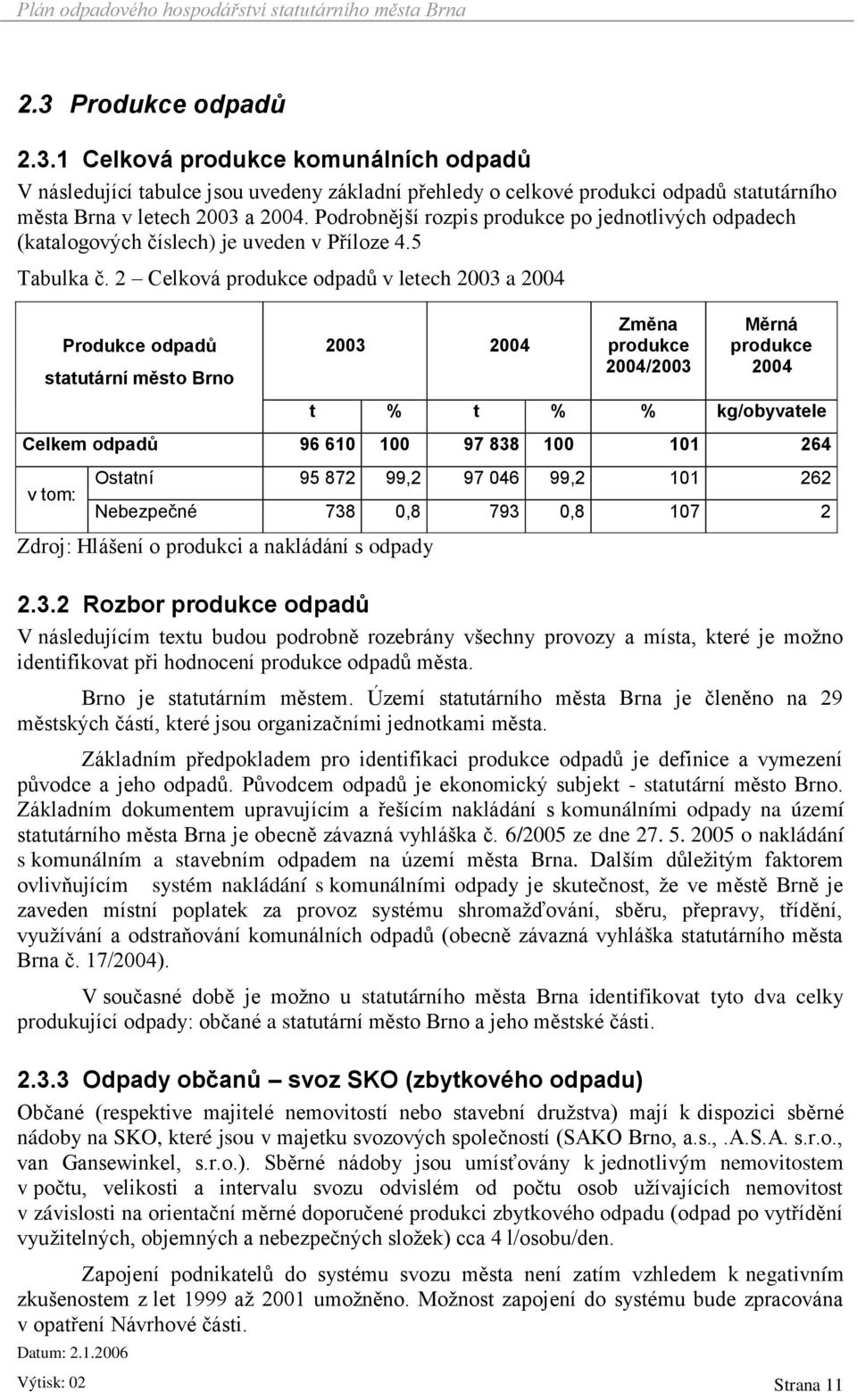 2 Celková produkce odpadů v letech 2003 a 2004 Produkce odpadů statutární město Brno 2003 2004 Změna produkce 2004/2003 Měrná produkce 2004 t % t % % kg/obyvatele Celkem odpadů 96 610 100 97 838 100