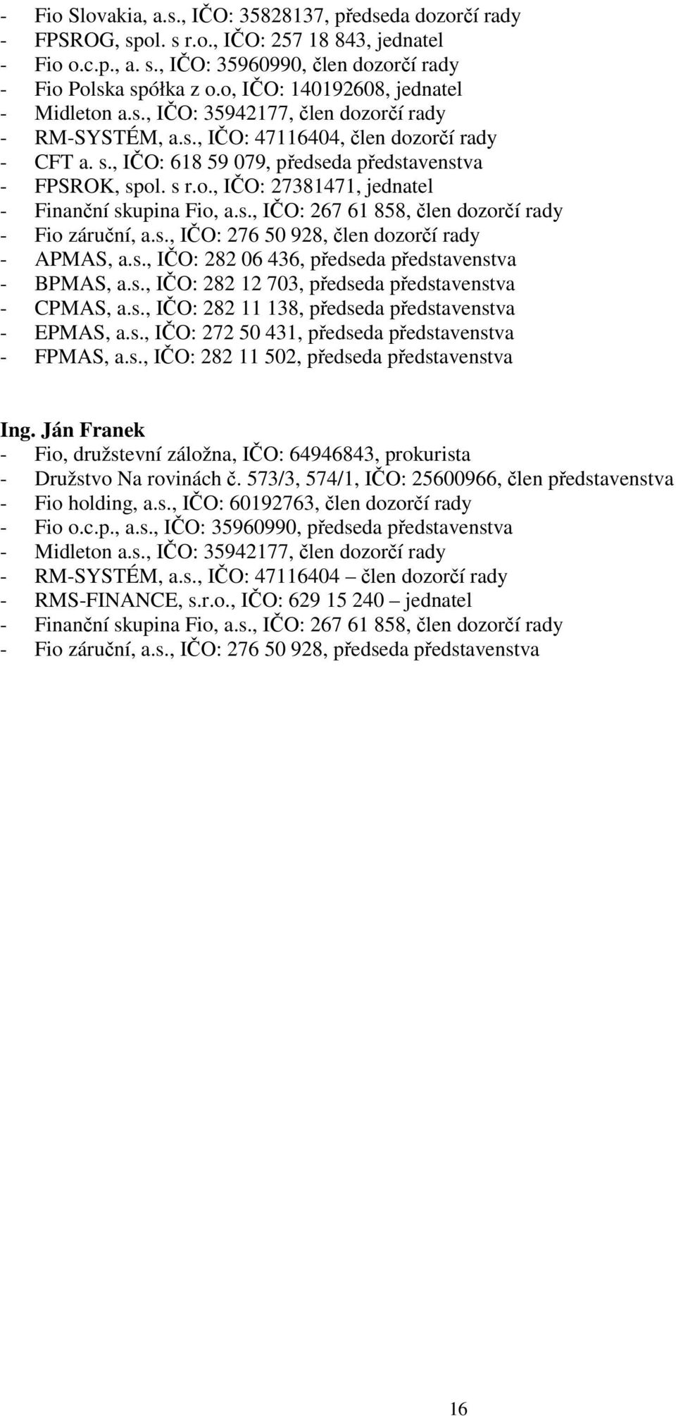 s r.o., IČO: 27381471, jednatel - Finanční skupina Fio, a.s., IČO: 267 61 858, člen dozorčí rady - Fio záruční, a.s., IČO: 276 50 928, člen dozorčí rady - APMAS, a.s., IČO: 282 06 436, předseda představenstva - BPMAS, a.