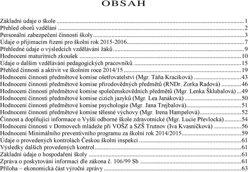 .. 19 Hodnocení činnosti předmětové komise ošetřovatelství (Mgr. Táňa Kracíková)... 43 Hodnocení činnosti předmětové komise přírodovědných předmětů (RNDr. Zorka Radová).