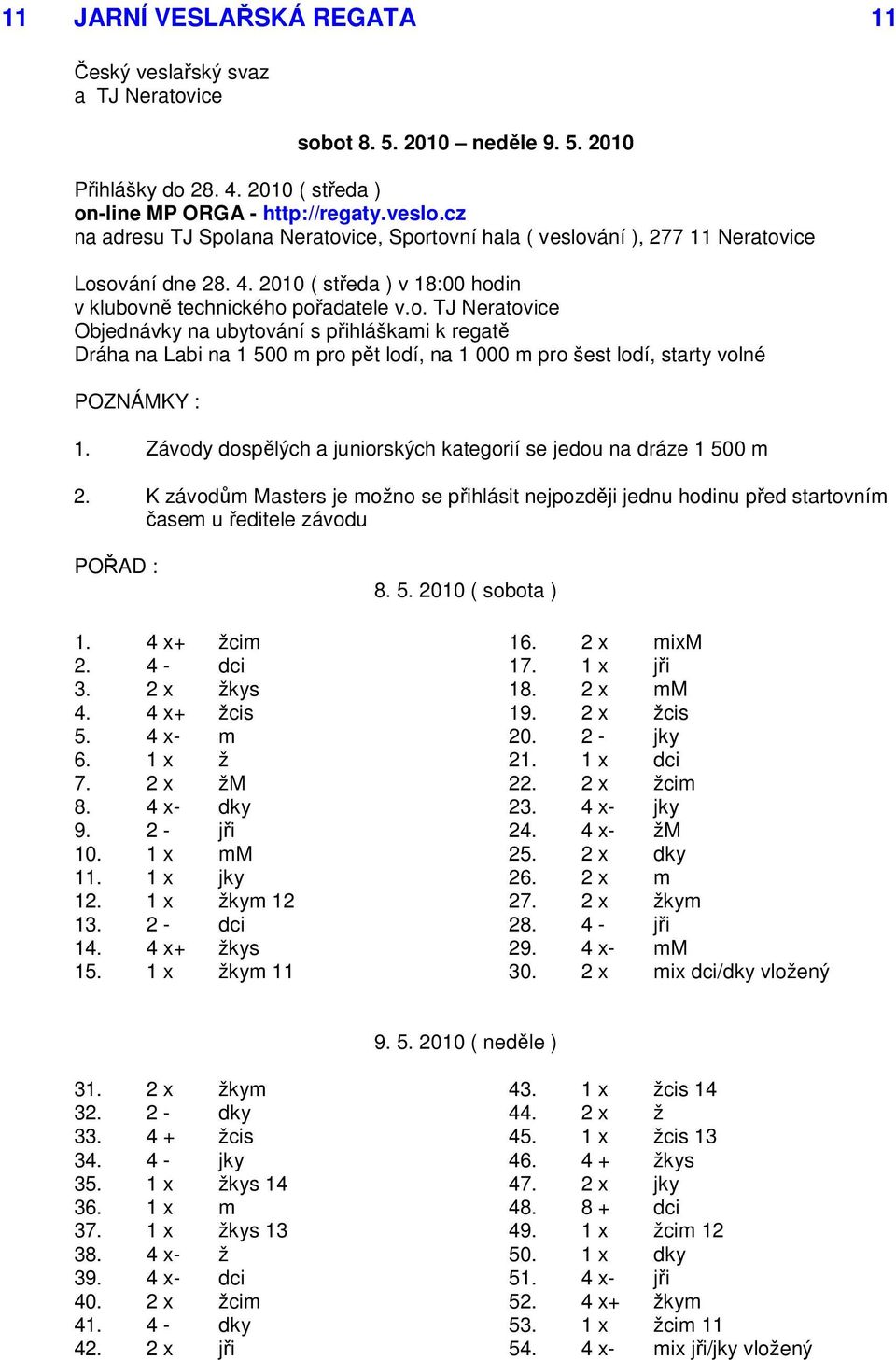 Závody dospělých a juniorských kategorií se jedou na dráze 1 500 m 2. K závodům Masters je možno se přihlásit nejpozději jednu hodinu před startovním časem u ředitele závodu POŘAD : 8. 5. 2010 ( sobota ) 1.