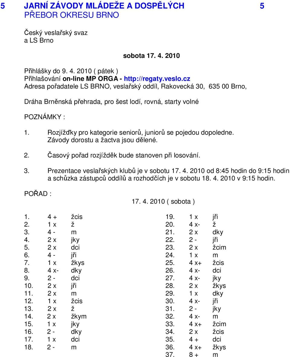 Závody dorostu a žactva jsou dělené. 2. Časový pořad rozjížděk bude stanoven při losování. 3. Prezentace veslařských klubů je v sobotu 17. 4.