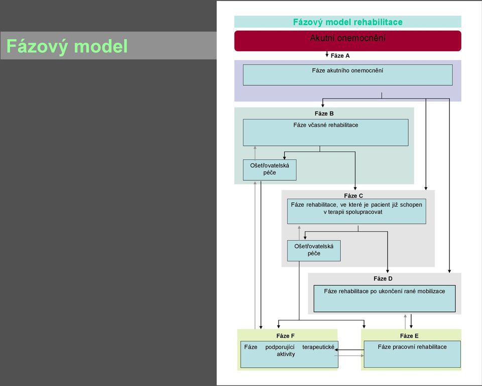 již schopen v terapii spolupracovat Ošetřovatelská péče Fáze D Fáze rehabilitace po ukončení