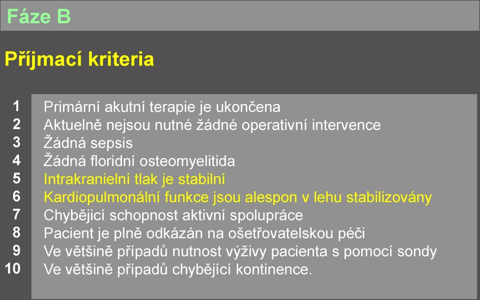 Kardiopulmonální funkce jsou alespon v lehu stabilizovány Chybějicí schopnost aktivní spolupráce Pacient je plně