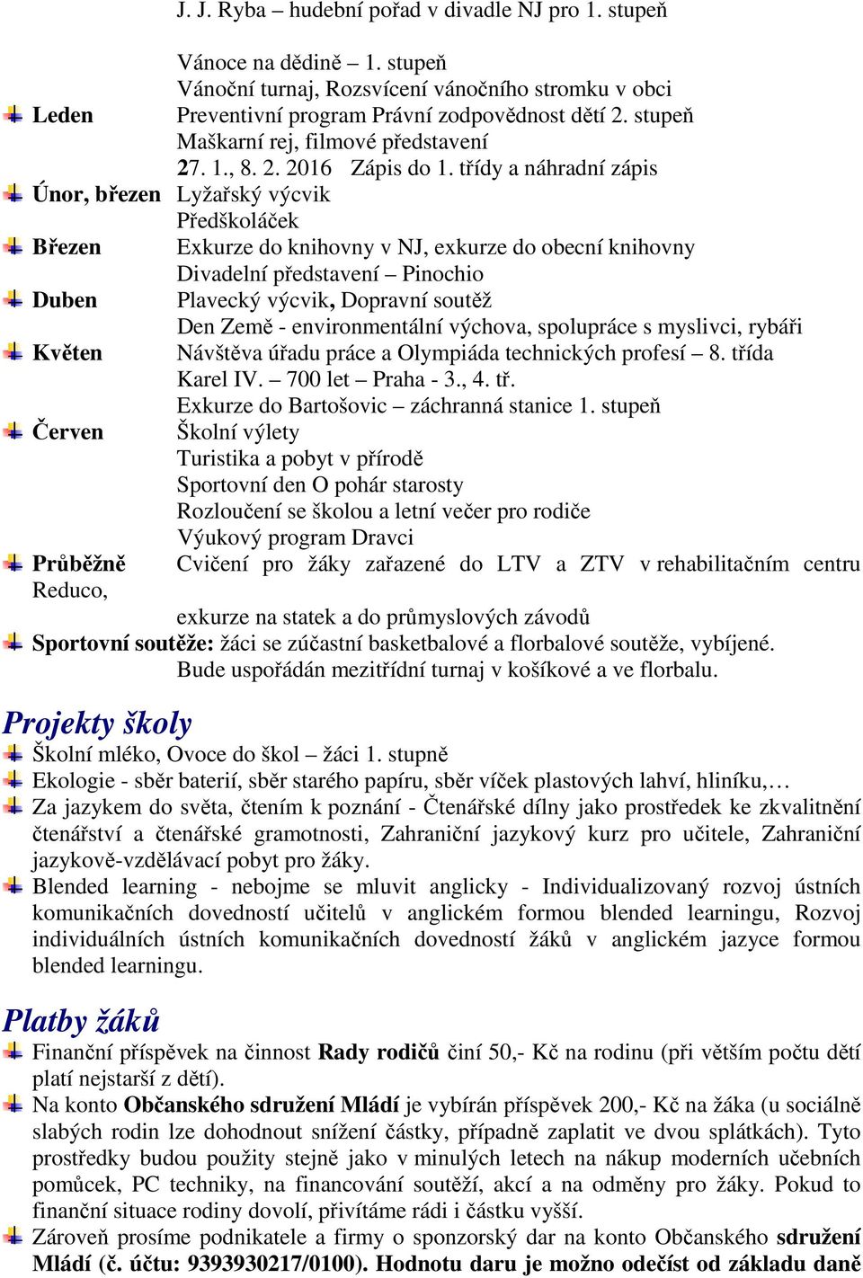 třídy a náhradní zápis Únor, březen Lyžařský výcvik Předškoláček Březen Exkurze do knihovny v NJ, exkurze do obecní knihovny Divadelní představení Pinochio Duben Plavecký výcvik, Dopravní soutěž Den