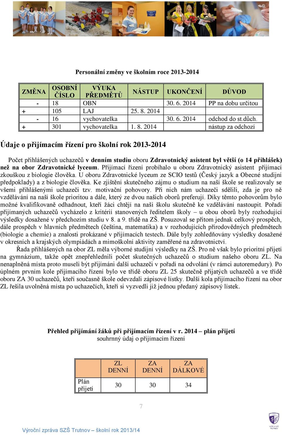 2014 nástup za odchozí Údaje o přijímacím řízení pro školní rok 2013-2014 Počet přihlášených uchazečů v denním studiu oboru Zdravotnický asistent byl větší (o 14 přihlášek) než na obor Zdravotnické