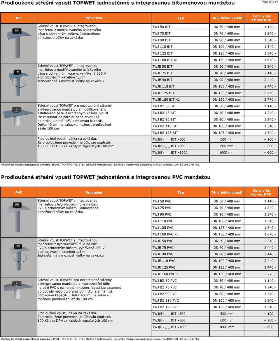 Jednostěnná s možností délky na zakázku TWJ 50 BIT TWJ 75 BIT TWJ 90 BIT DN 50 / 400 mm DN 70 / 400 mm DN 90 / 400 mm 1 240,- TWJ 110 BIT DN 100 / 400 mm TWJ 125 BIT DN 125 / 400 mm TWJ 160 BIT XL DN