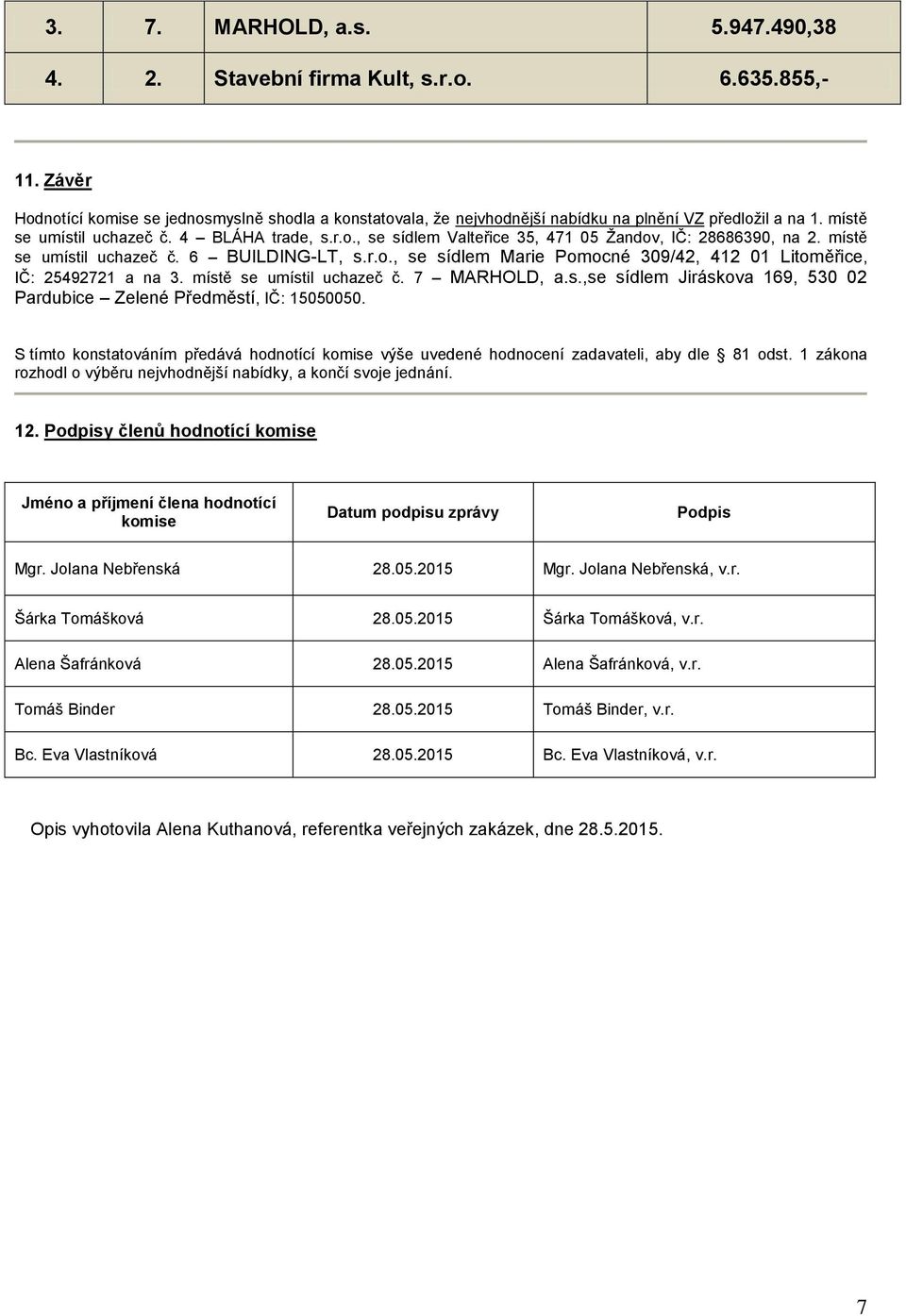 místě se umístil uchazeč č. 7 MARHOLD, a.s.,se sídlem Jiráskova 169, 530 02 Pardubice Zelené Předměstí, IČ: 15050050.