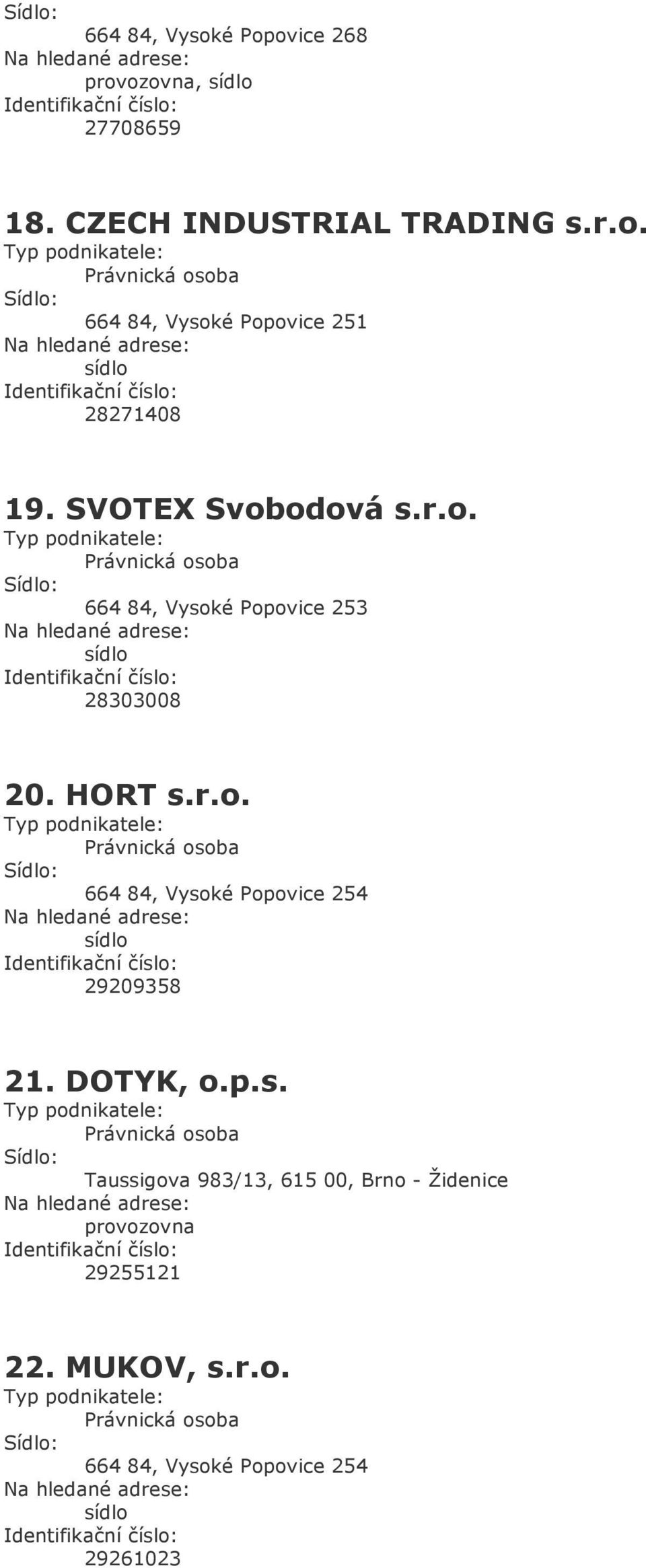 DOTYK, o.p.s. Taussigova 983/13, 615 00, Brno - Židenice 29255121 22. MUKOV, s.r.o. 664 84, Vysoké Popovice 254 29261023