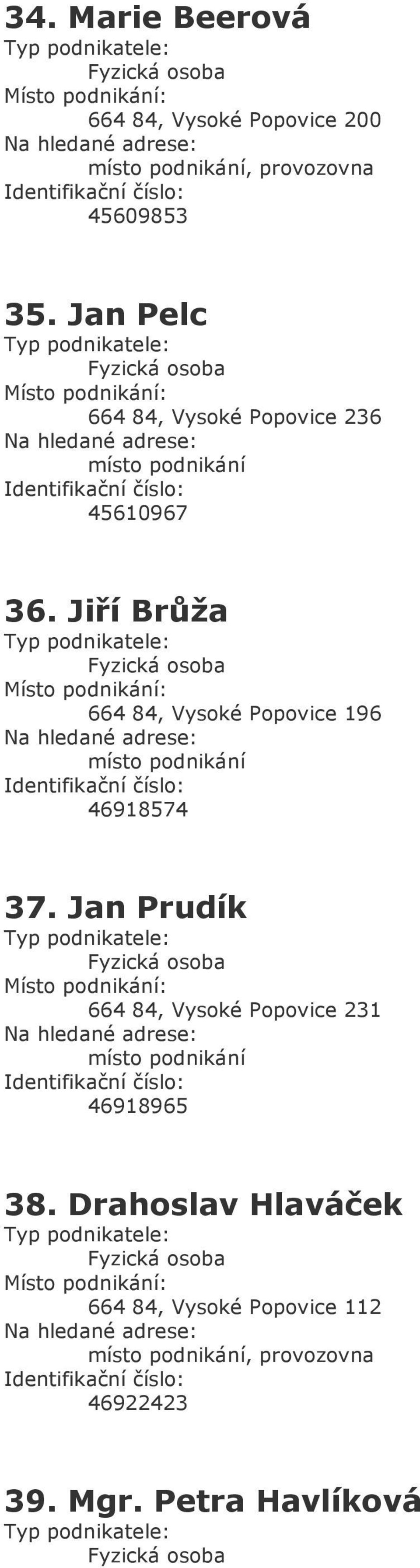 Jiří Brůža 664 84, Vysoké Popovice 196 46918574 37.