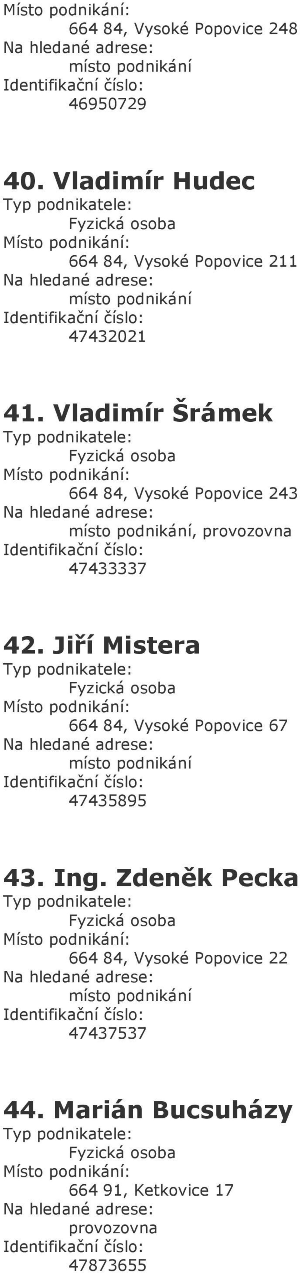 Vladimír Šrámek 664 84, Vysoké Popovice 243, 47433337 42.