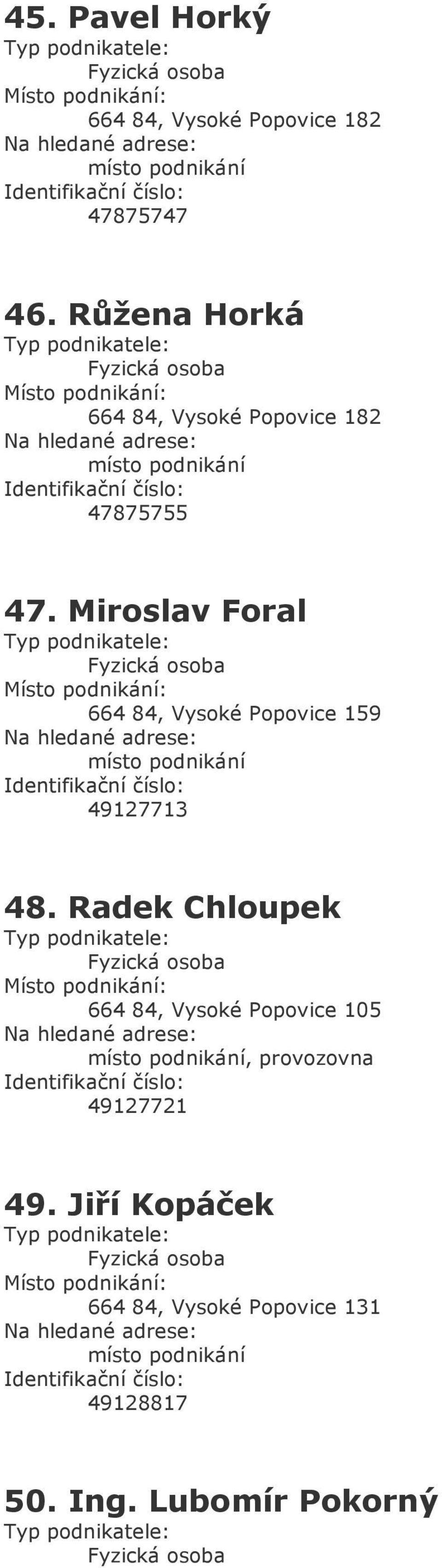 Miroslav Foral 664 84, Vysoké Popovice 159 49127713 48.