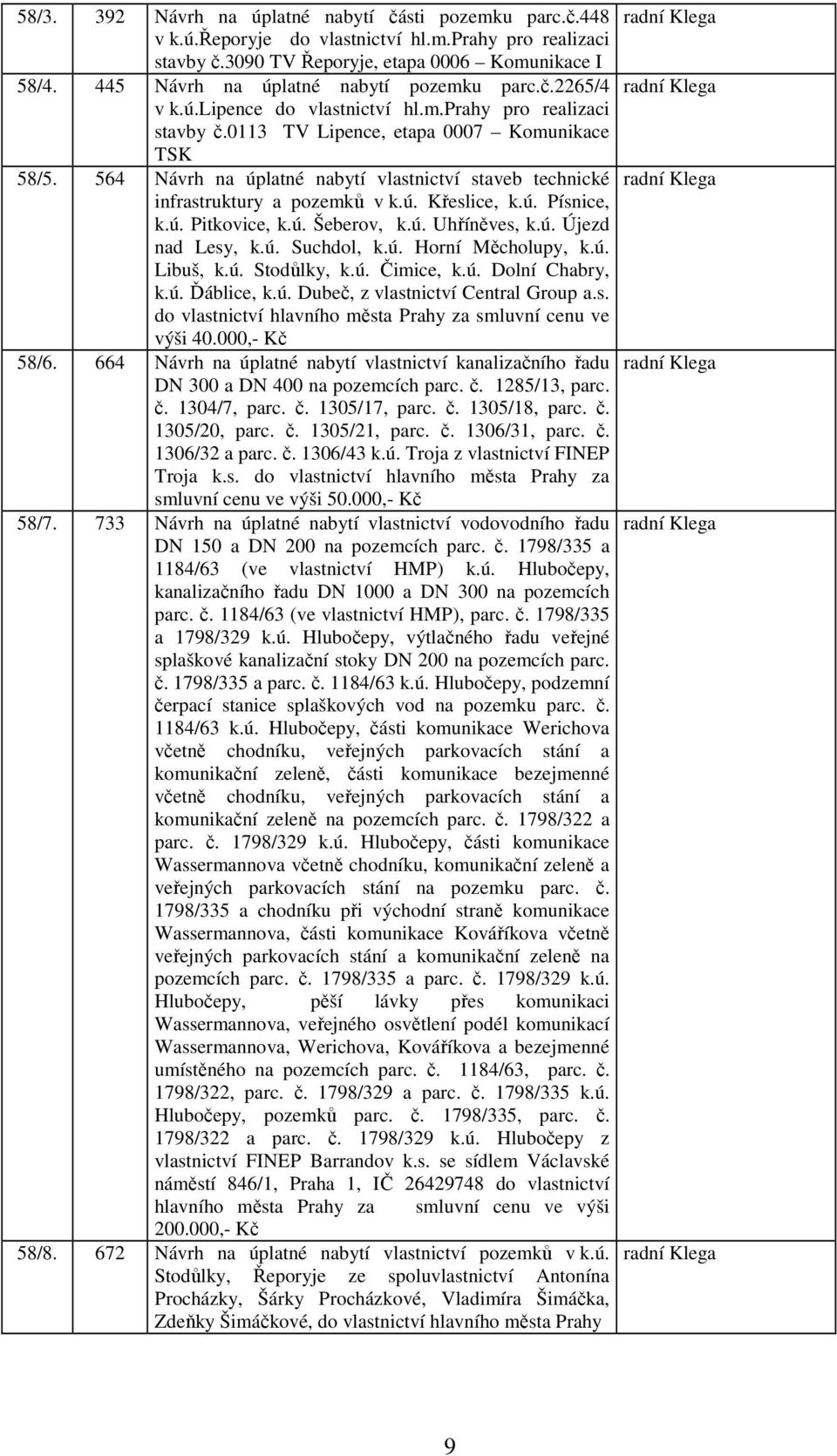 564 Návrh na úplatné nabytí vlastnictví staveb technické radní Klega infrastruktury a pozemků v k.ú. Křeslice, k.ú. Písnice, k.ú. Pitkovice, k.ú. Šeberov, k.ú. Uhříněves, k.ú. Újezd nad Lesy, k.ú. Suchdol, k.