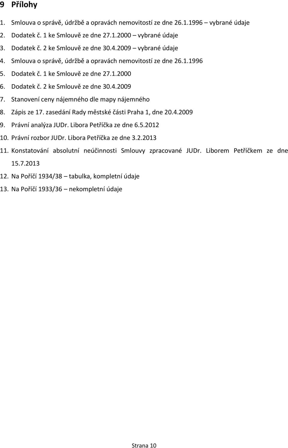 Stanovení ceny nájemného dle mapy nájemného 8. Zápis ze 17. zasedání Rady městské části Praha 1, dne 20.4.2009 9. Právní analýza JUDr. Libora Petříčka ze dne 6.5.2012 10. Právní rozbor JUDr.