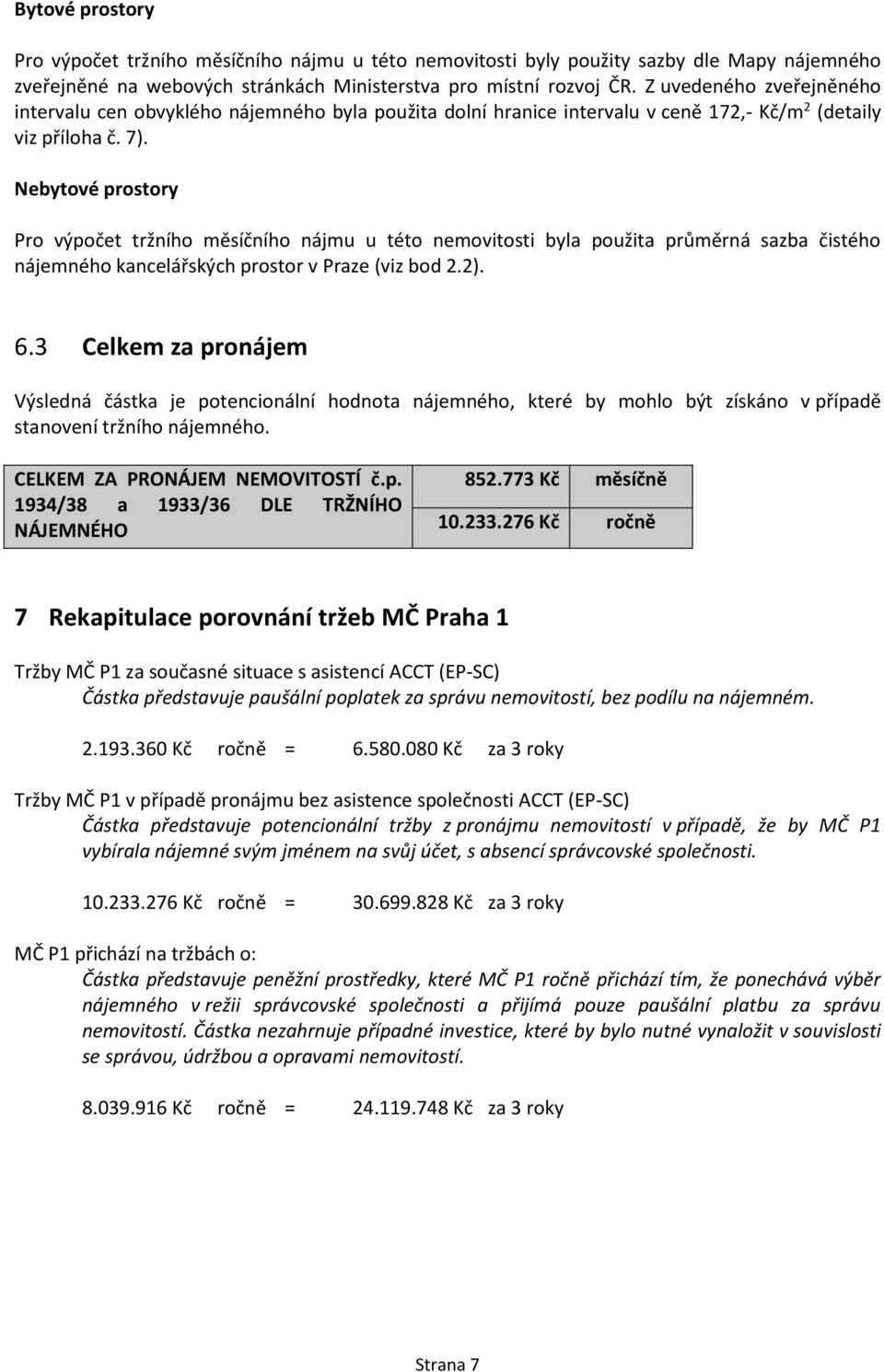 Nebytové prostory Pro výpočet tržního měsíčního nájmu u této nemovitosti byla použita průměrná sazba čistého nájemného kancelářských prostor v Praze (viz bod 2.2). 6.