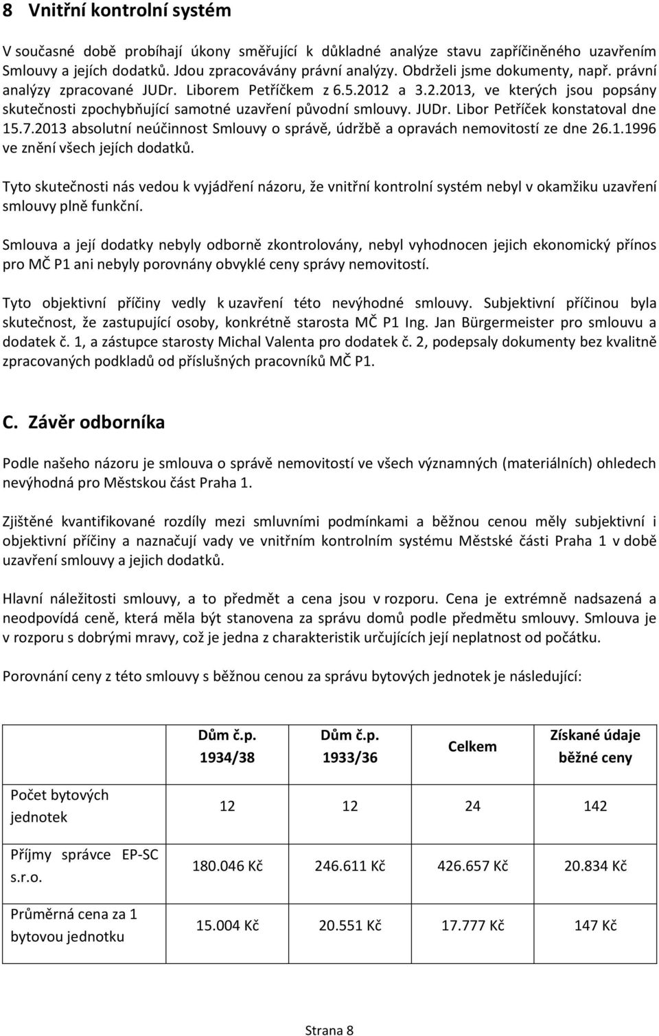 7.2013 absolutní neúčinnost Smlouvy o správě, údržbě a opravách nemovitostí ze dne 26.1.1996 ve znění všech jejích dodatků.