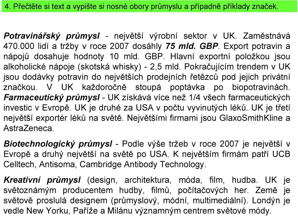 Pokračujícím trendem v UK jsou dodávky potravin do největších prodejních řetězců pod jejich privátní značkou. V UK každoročně stoupá poptávka po biopotravinách.