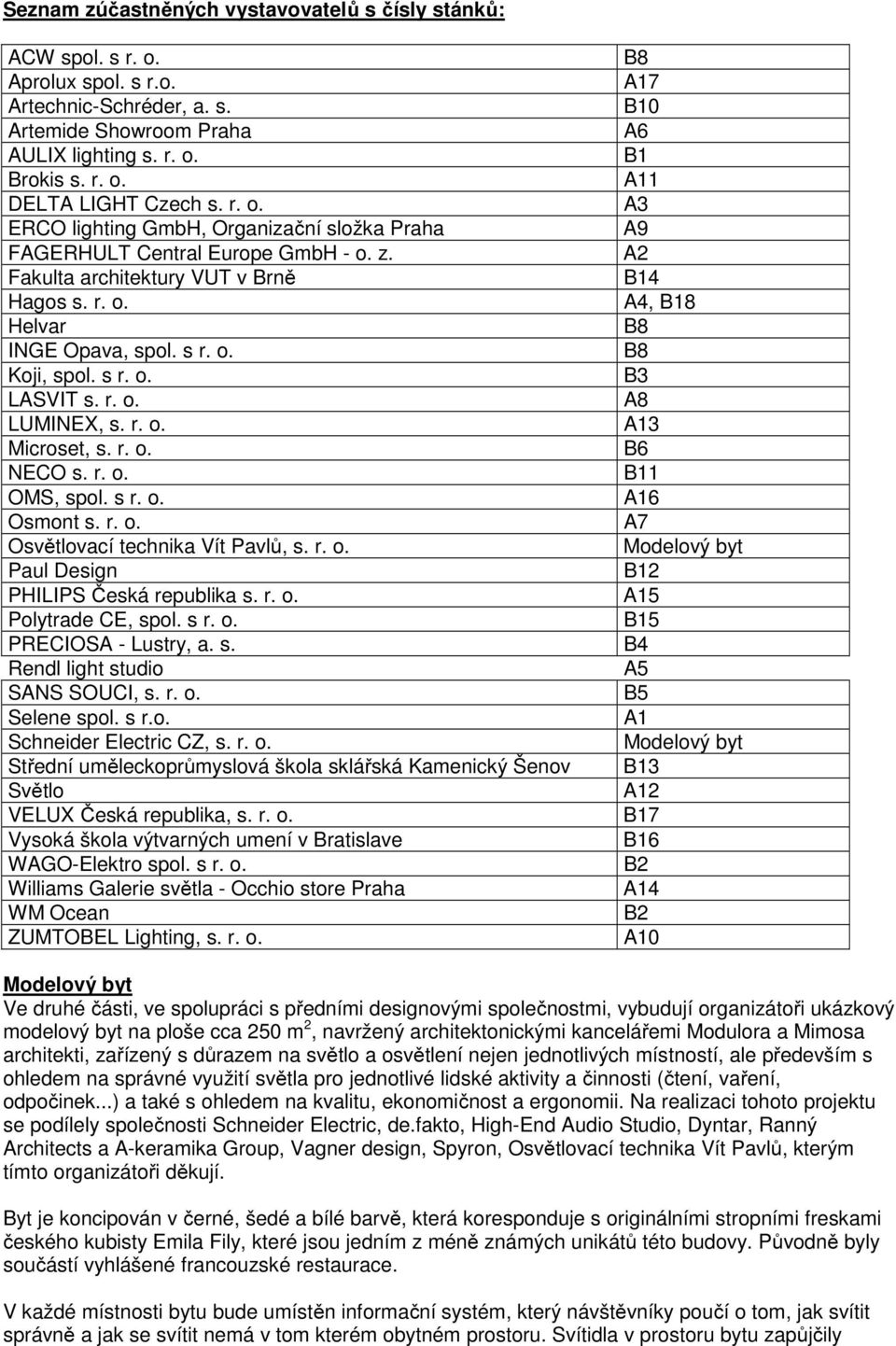 r. o. LUMINEX, s. r. o. Microset, s. r. o. NECO s. r. o. OMS, spol. s r. o. Osmont s. r. o. Osvětlovací technika Vít Pavlů, s. r. o. Paul Design PHILIPS Česká republika s. r. o. Polytrade CE, spol.
