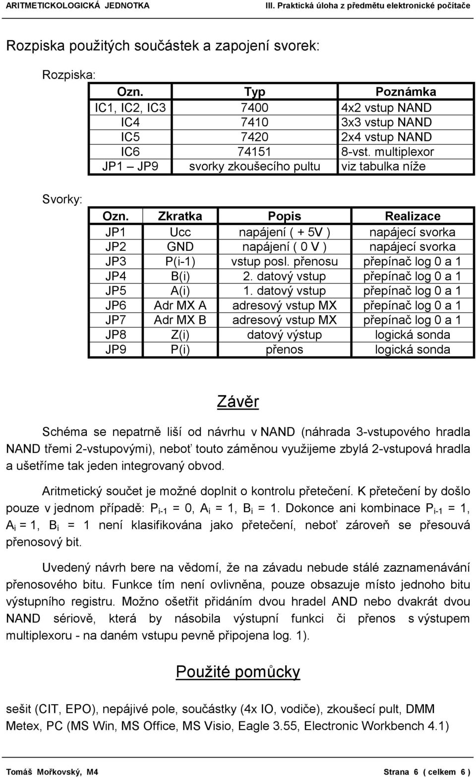 Zkratka Pops Realzace JP1 Ucc napájení ( + 5V ) napájecí svorka JP2 GND napájení ( 0 V ) napájecí svorka JP3 P(-1) vstup posl. přenosu přepínač log 0 a 1 JP4 B() 2.