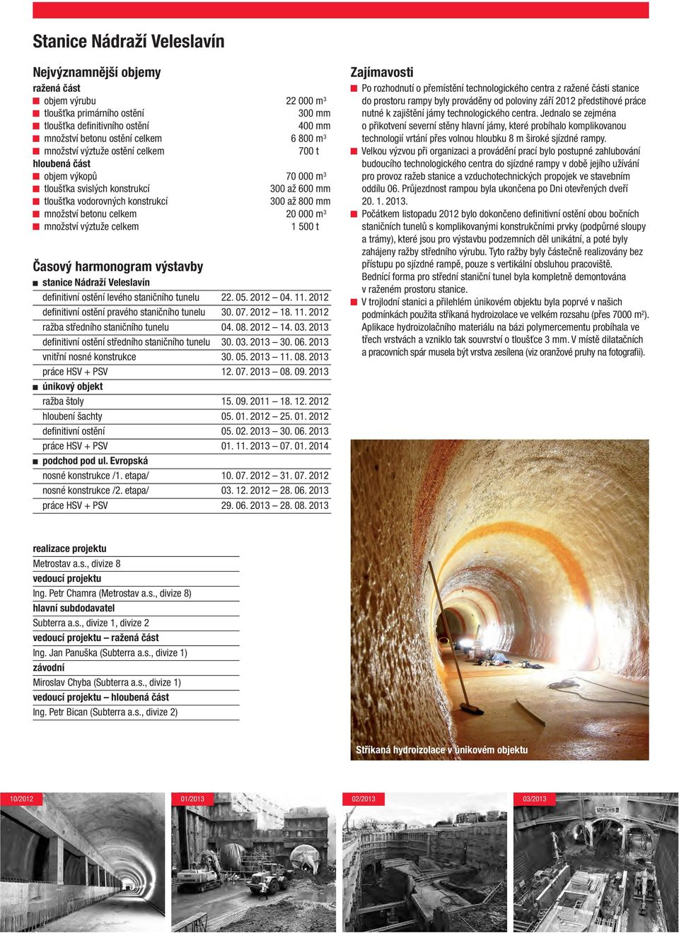 množství výztuže celkem 1 500 t Časový harmonogram výstavby stanice nádraží veleslavín definitivní ostění levého staničního tunelu 22. 05. 2012 04. 11.