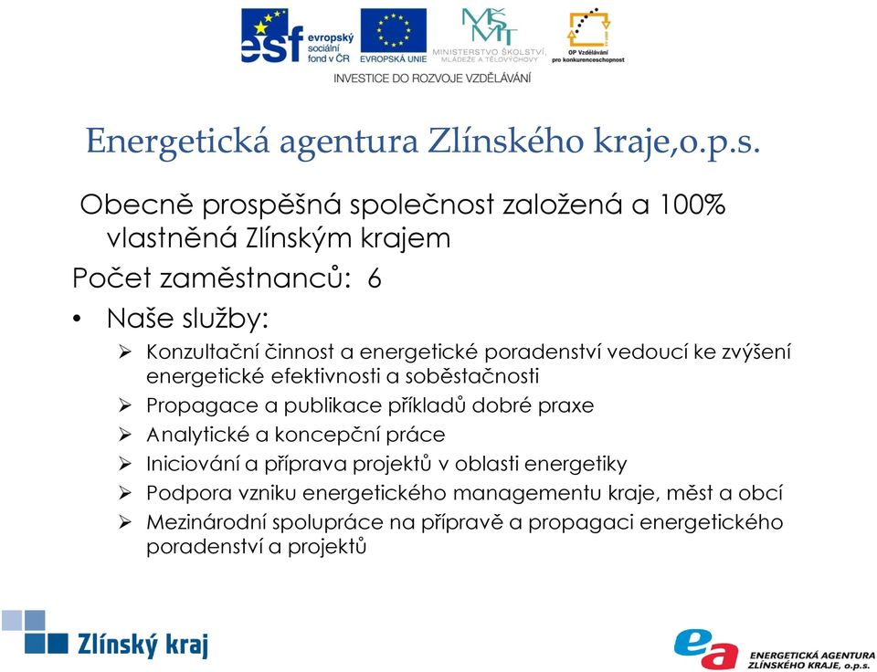 Obecně prospěšná společnost založená a 100% vlastněná Zlínským krajem Počet zaměstnanců: 6 Naše služby: Konzultační činnost a