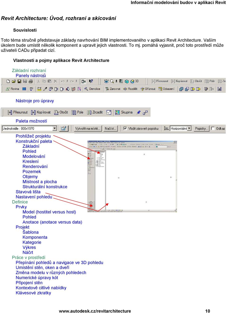 Vlastnosti a pojmy aplikace Revit Architecture Základní rozhraní Panely nástrojů Nástroje pro úpravy Paleta možností Prohlížeč projektu Konstrukční paleta Základní Pohled Modelování Kreslení