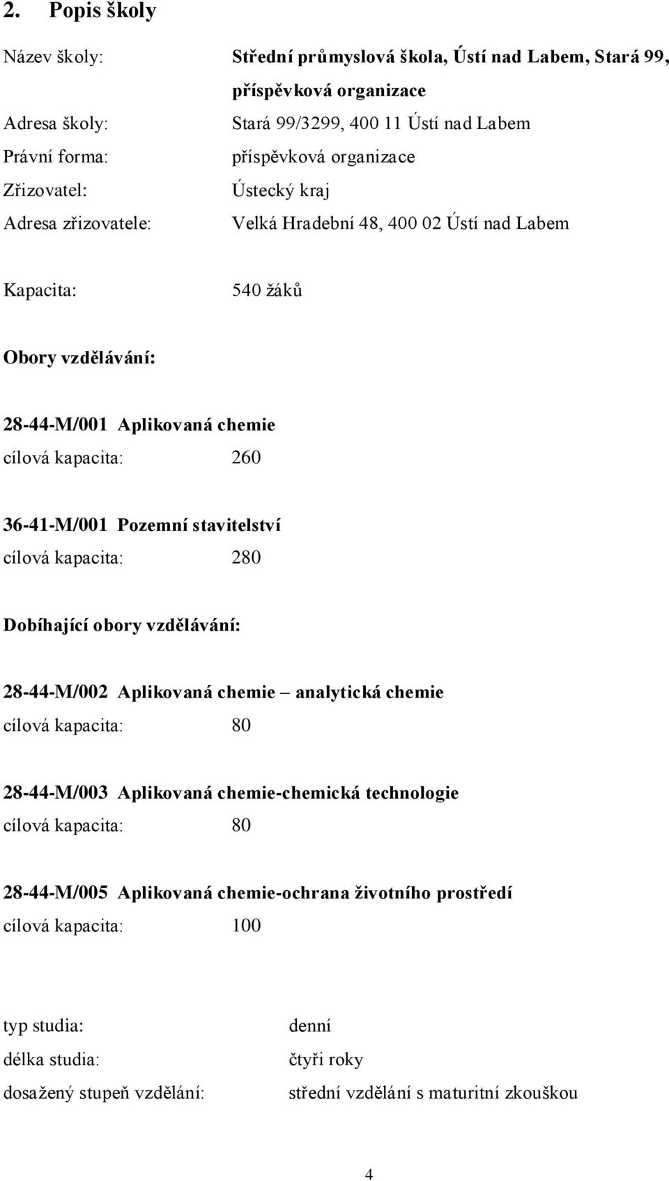 stavitelství cílová kapacita: 280 Dobíhající obory vzdělávání: 28-44-M/002 Aplikovaná chemie analytická chemie cílová kapacita: 80 28-44-M/003 Aplikovaná chemie-chemická technologie cílová