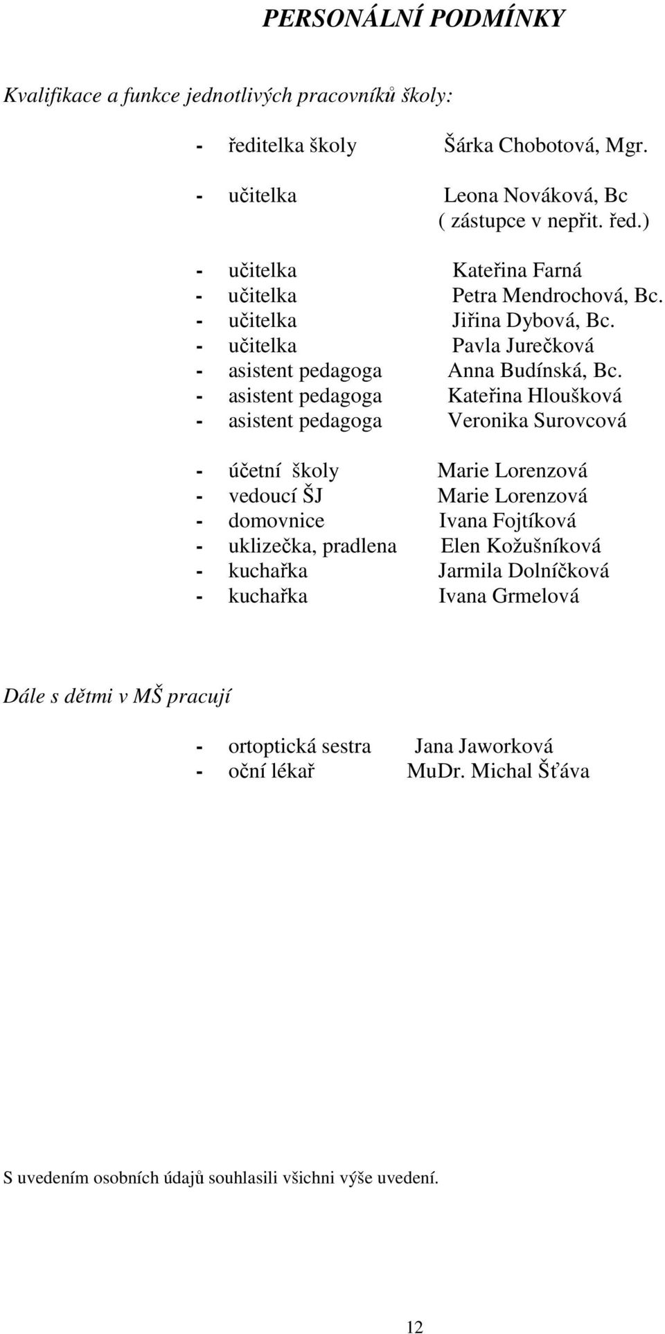 - asistent pedagoga Kateřina Hloušková - asistent pedagoga Veronika Surovcová - účetní školy Marie Lorenzová - vedoucí ŠJ Marie Lorenzová - domovnice Ivana Fojtíková - uklizečka,