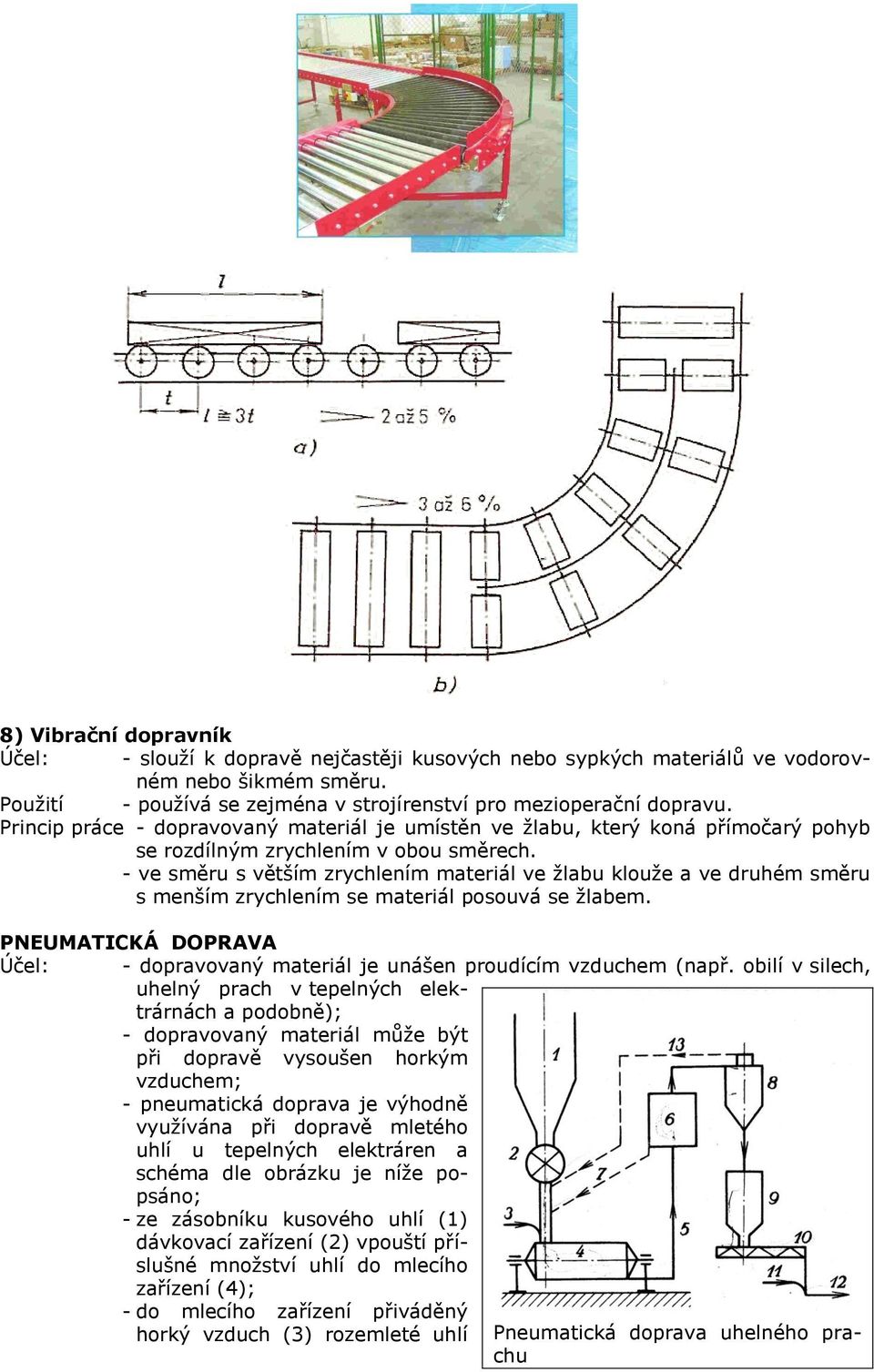 - ve sěru s větší zrychlení ateriál ve žlabu klouže a ve druhé sěru s enší zrychlení se ateriál posouvá se žlabe. PNEUMATICKÁ DOPRAVA Účel: - dopravovaný ateriál je unášen proudící vzduche (např.