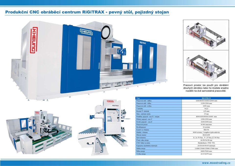 zatížení stolu 15 tun Podélný pojezd - osa X - stojan 4000/6000/8000/10000 mm Příčný pojezd - osa Y 1350/1550 mm Svislý pojezd osa Z 1600/2000 mm Pracovní posuv 8 000 mm/min Rychloposuv 16 m/min