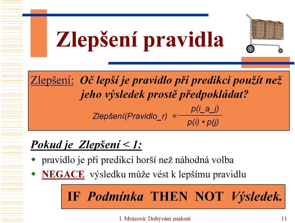 Zlepšení(Pravidlo_r) = Pokud je Zlepšení < 1: p(i_a_j) p(i) p(j) pravidlo je při