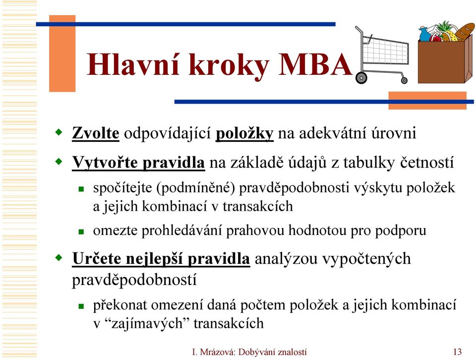 omezte prohledávání prahovou hodnotou pro podporu Určete nejlepší pravidla analýzou vypočtených