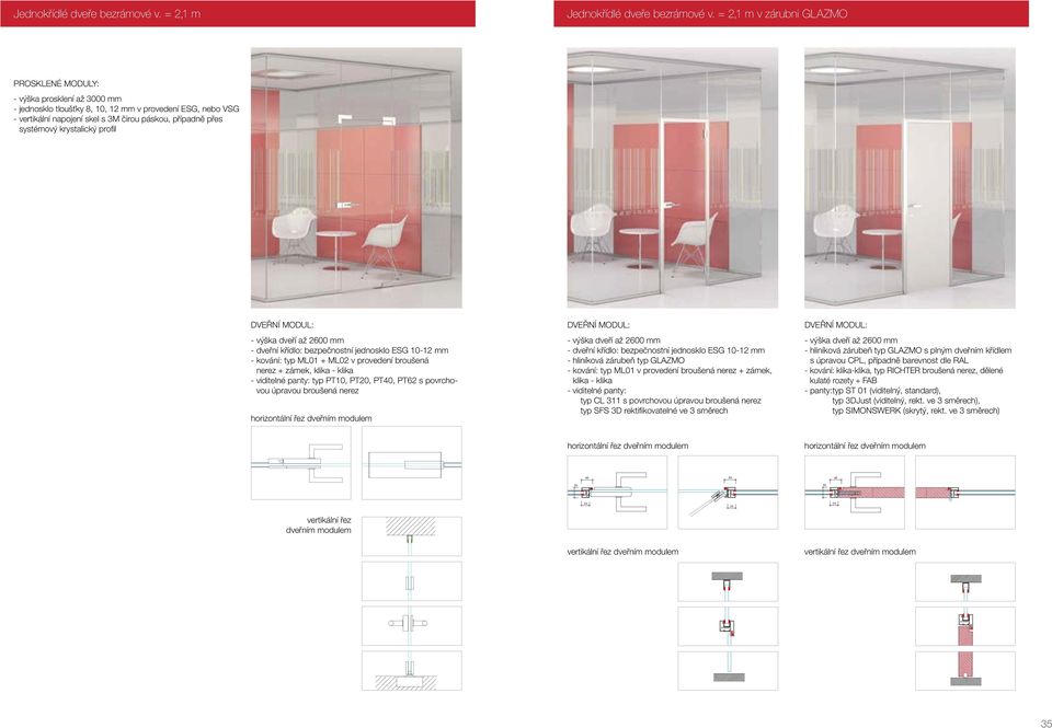 systémový krystalický profi l DVEŘNÍ MODUL: - výška dveří až 2600 mm - dveřní křídlo: bezpečnostní jednosklo ESG 10-12 mm - kování: typ ML01 + ML02 v provedení broušená nerez + zámek, klika - klika -